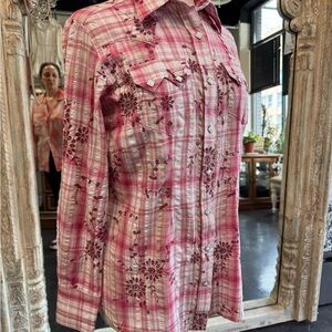 Vintage plaid western cowgirl, shirt Pink Embroidered Women's Blouse